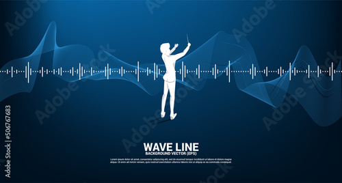 Vector silhouette of conductor with Sound wave Music Equalizer background. Concept background for classic music concert and recreation.