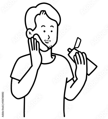 髭脱毛クリームを塗る男性のイラスト素材　線画のみ