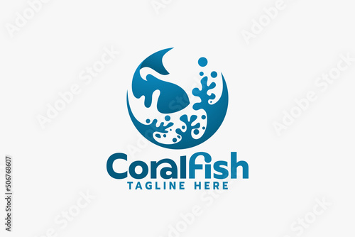 coral fish logo with coral ecosystem and swimming fish.
