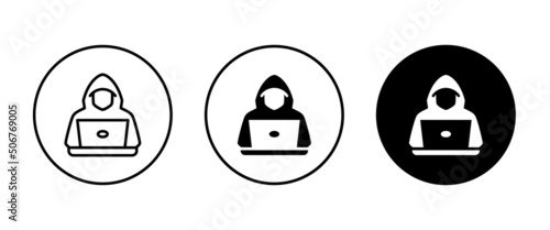 Computer hacker with laptop icon, Spy agent searching sign, symbol, logo, illustration, editable stroke, flat design style isolated on white