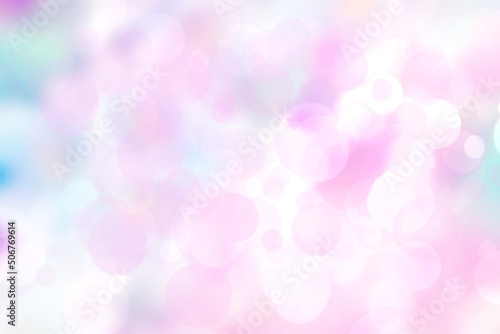 Abstract blurred fresh vivid spring summer light delicate pastel blue pink white bokeh background texture with bright circular soft color lights. Beautiful backdrop illustration.