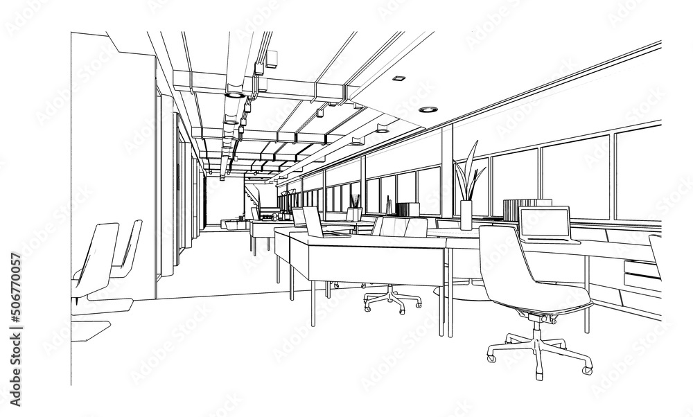 line drawing of office area,Modern design,3d rendering line drawing of office area,Modern design,3d rendering
