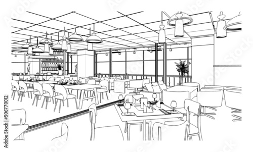 line drawing of restaurant and mall,Modern design,3d rendering