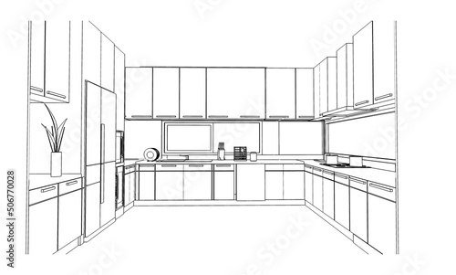 line drawing of kitchen room,Modern design,3d rendering
