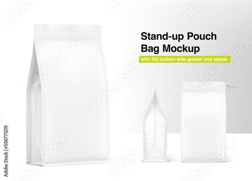 Stand-up pouch bag with flat bottom side gusseted and zipper. Realistic mockup. Front, side and isometric view. Perfect for the presentation your product. EPS10.