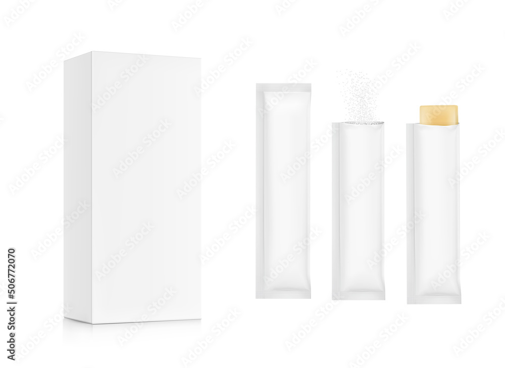 Realistic three side seal stick mockup with cardboard box for products isolated on white background. Possibility use for granulated, powder or liquid products. Vector illustration. EPS10.	