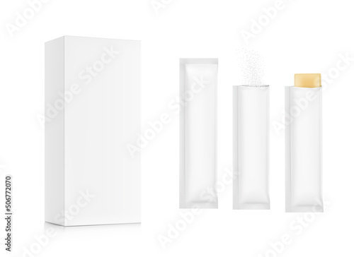 Realistic three side seal stick mockup with cardboard box for products isolated on white background. Possibility use for granulated, powder or liquid products. Vector illustration. EPS10.	