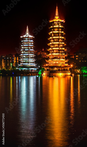Gold Silver Pagodas Night Illuminated Guilin China
