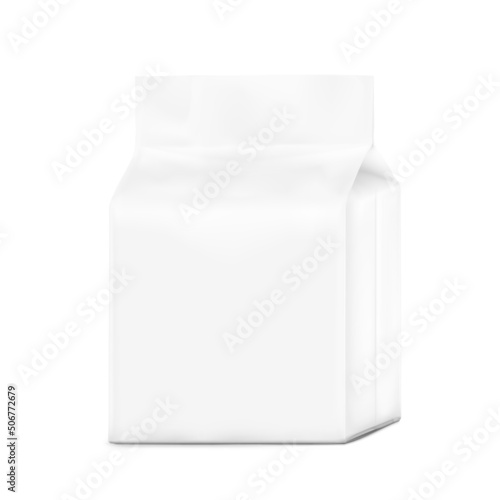 Stand bag with handle mockup. Vector illustration. High realistic detail. Isometric view. Ready for your design. Suite for the presentation of coffee, food, for pets, household, etc. EPS10.