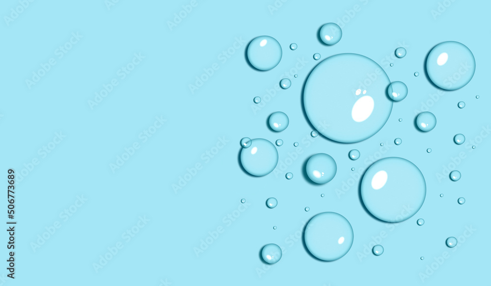 Realistic water drops on light blue background. Wallpaper banner, social media, creative album, art cover template.