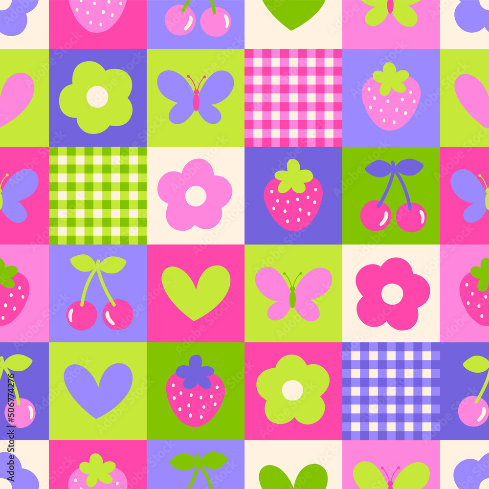 Cute flower, butterfly, cherry, strawberry, heart and plaid with square pattern background.