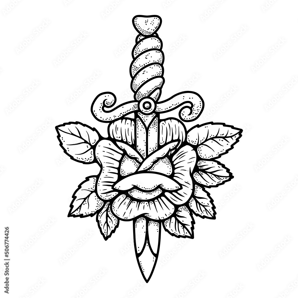 Obraz premium Illustration of dagger with rose in tattoo style. Vector illustration