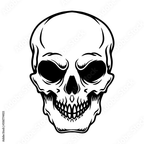 Illustration of human skull in monochrome style. Design element for poster, card, banner, emblem, sign. Vector illustration