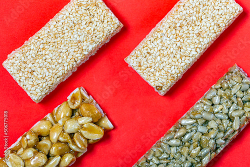 Cereal granola bar with nuts. Energy healthy snack. Protein muesli bars. Top view