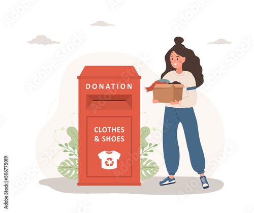 Clothes donation. Woman with cardboard box gives things for recycling or donated. Clothing bin or recycle container. Volunteering and social care concept. Vector illustration in cartoon style.