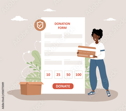 Online donation form. African volunteer woman donating money and paying with credit card. Financial charity for homeless and poor people. Fundraising concept. Vector illustration in cartoon style.