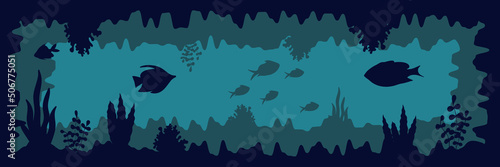 Illustration of Black Fish Silhouettes, seaweed, seashell and stones.