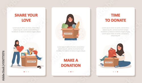 Donation and charity concept. Arabic volunteer women in hijab with boxes full of humanitarian help. Philanthropy. Time to donation. Share your love. Vector cartoon illustration. Set of mobile banners.