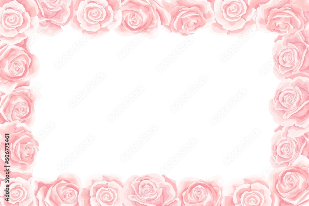 Elegant pink roses floral bouquet as a frame. Vector summer border design