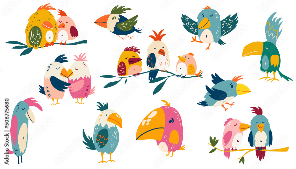 Fototapeta premium Parrots set. Exotic birds. Great for children cards, prints and greeting card. Isolated vector clip art illustration.