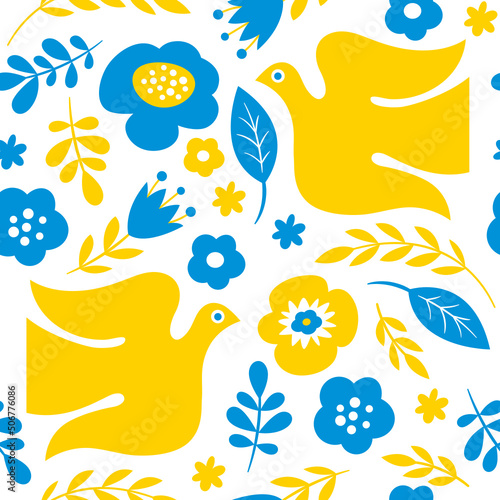 Seamless pattern with birds and flowers. Yellow and blue colors