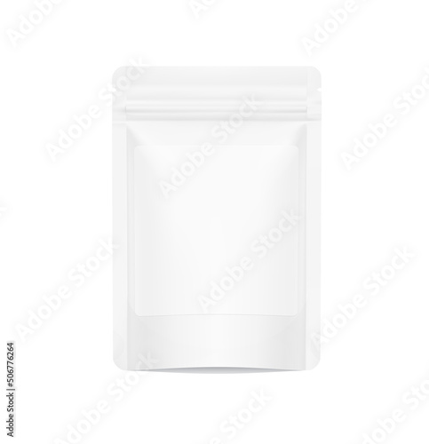 Pouch bag with label isolated on white background. Vector illustration. Bottom-up view. Can be use for template your design, presentation, promo, ad. EPS10.	