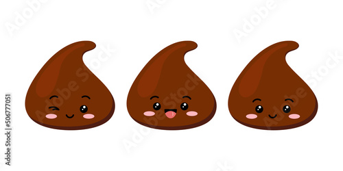 Cute chocolate chips piece emoji character vector icon set. Kids milky smilling, luaghing and winking choco chunk with face. Kawaii cartoon style cacao sweet food morsel emoticon illustration.