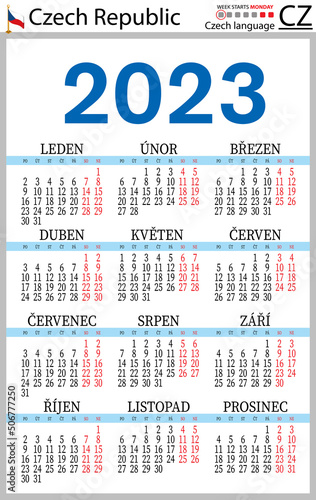 Czech vertical pocket calendar for 2023. Week starts Monday