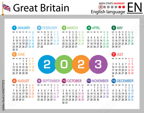 English horizontal pocket calendar for 2023. Week starts Monday