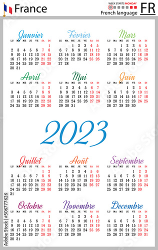 French vertical pocket calendar for 2023. Week starts Monday