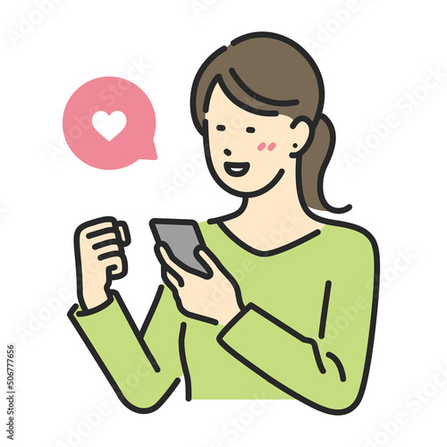 スマホを見て喜ぶ女性のイメージイラスト素材