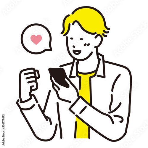 スマホを見て喜ぶ男性のイメージイラスト素材