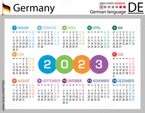 German horizontal pocket calendar for 2023. Week starts Monday