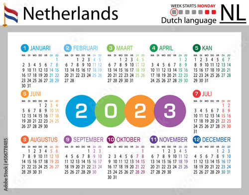Dutch horizontal pocket calendar for 2023. Week starts Monday