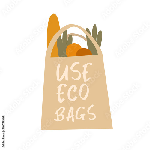 Flat White Blank Tote Bag with Food. Use eco bags. Vector illustration of Bags