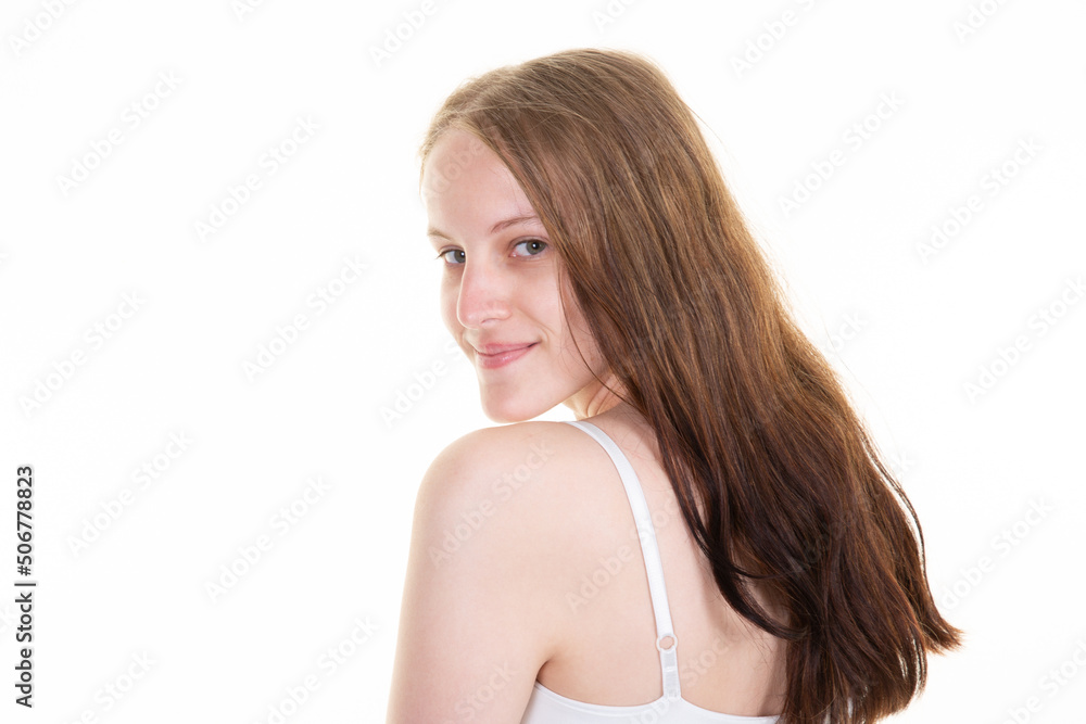 woman slim long hair sexy pose in studio portrait in white background woman slim long hair sexy pose in studio portrait in white background