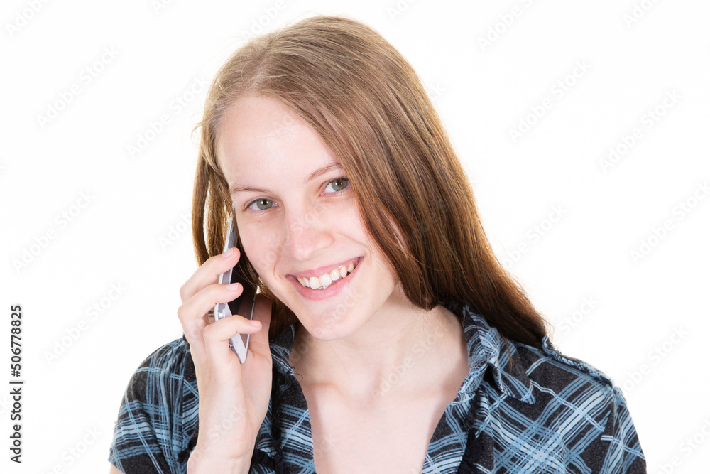 portrait of young happy joy woman talking on the phone look down blond girl friendly speak smartphone portrait of young happy joy woman talking on the phone look down blond girl friendly speak smartphone