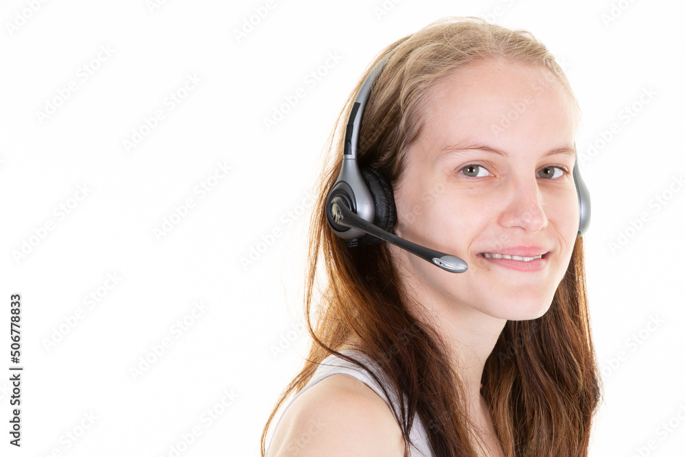 Support phone operator blonde pretty young woman in headset call center in white background Support phone operator blonde pretty young woman in headset call center in white background