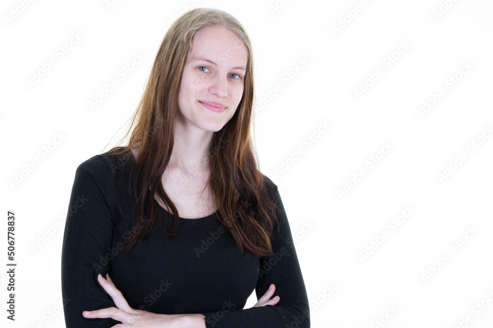 smiling happy woman young blond girl arms crossed on white copy space background smiling happy woman young blond girl arms crossed on white copy space background