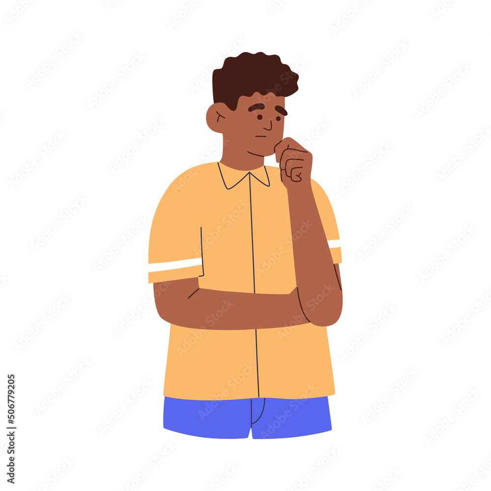 Pensive young african american man standing with a serious face. Puzzled guy in thoughts and doubts. Hand drawn color vector illustration isolated on white background. Modern flat cartoon style. Pensive young african american man standing with a serious face. Puzzled guy in thoughts and doubts. Hand drawn color vector illustration isolated on white background. Modern flat cartoon style.