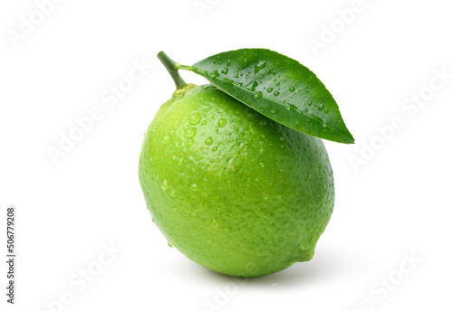 Natural fresh lime with water droplets  isolated on white background. Clipping path.