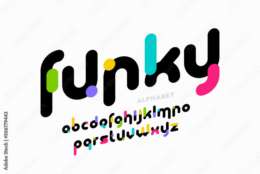 Funky playful style font design, colorful alphabet letters vector illustration