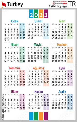 Turkish vertical pocket calendar for 2023. Week starts Monday