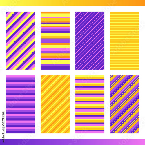 Set of Striped Violet and Yellow Seamless Patterns. Harmonious Composition of Orange and Lilac Linear Recurring Motives.