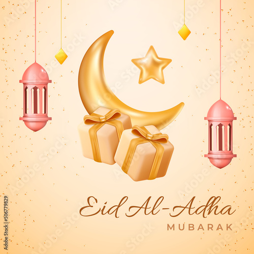 Eid al Adha cards design in 3d modern vector style. Eid Mubarak Islamic holiday banner with Ramadan lantern and moon. Ramadan muslim decoration and background poster. Happy celebration of Eid al Adha
