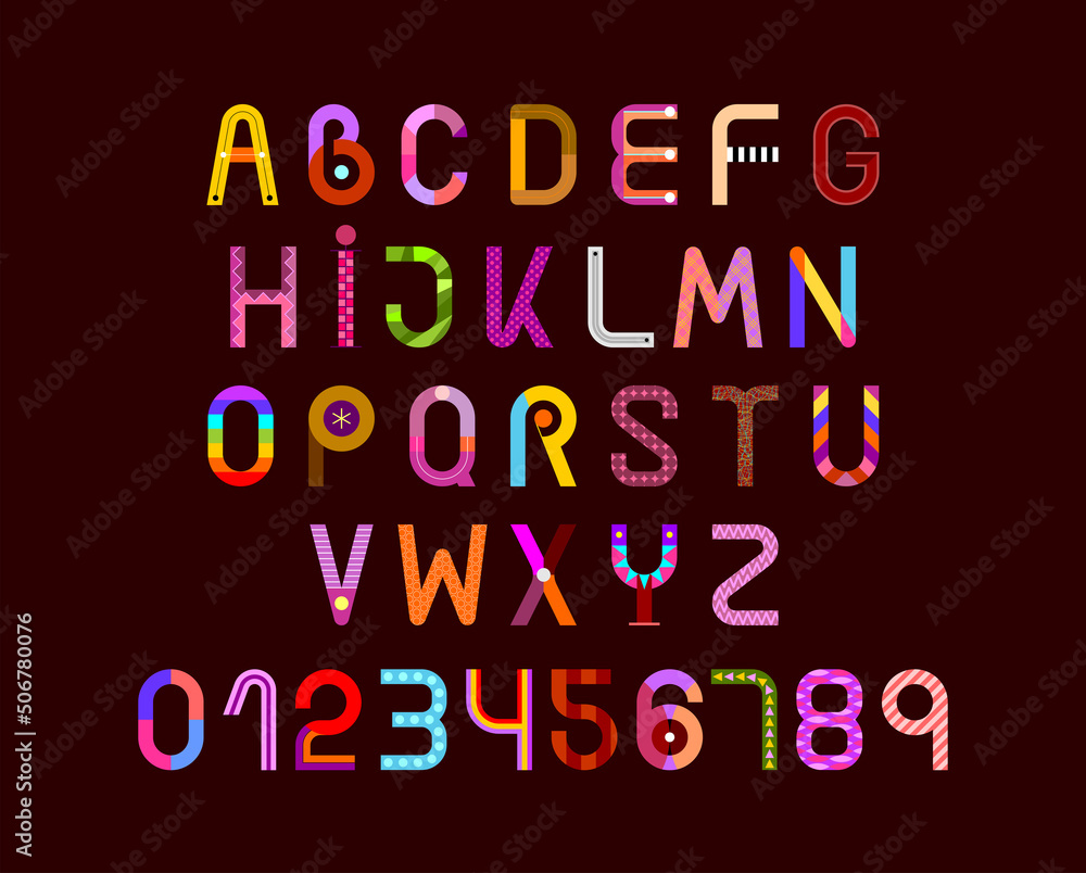 Decorative font design, letters and numbers with different colorful patterns isolated on a dark background. Each object is on a separate layer in the vector EPS file. Decorative font design, letters and numbers with different colorful patterns isolated on a dark background. Each object is on a separate layer in the vector EPS file.