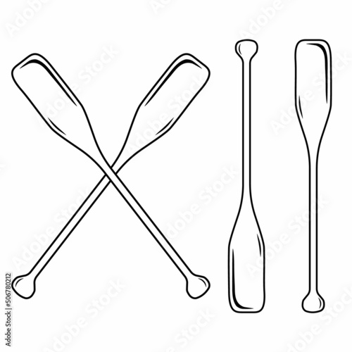 Wooden boat oars, black outline, vector illustration on white background
