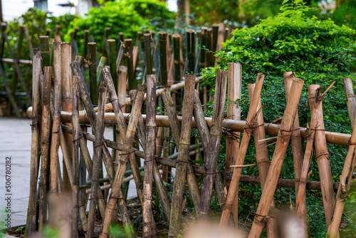 Close-up of bamboo fence fence in a Chinese garden