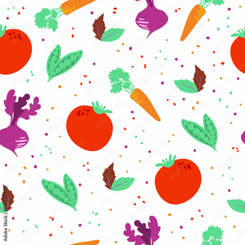 Seamless vegetable pattern. Painted in a flattened style. Websites about proper nutrition and ordering produce from farm stores. Organic foods. Healthy food vector concept with flat veggies. Seamless vegetable pattern. Painted in a flattened style. Websites about proper nutrition and ordering produce from farm stores. Organic foods. Healthy food vector concept with flat veggies.