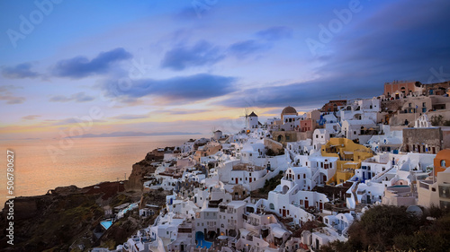 The sunset view point of the landmark view in Oia, Santorini. Image of famous village Oia located at one of Cyclades island of Santorini, South Aegean, Greece.